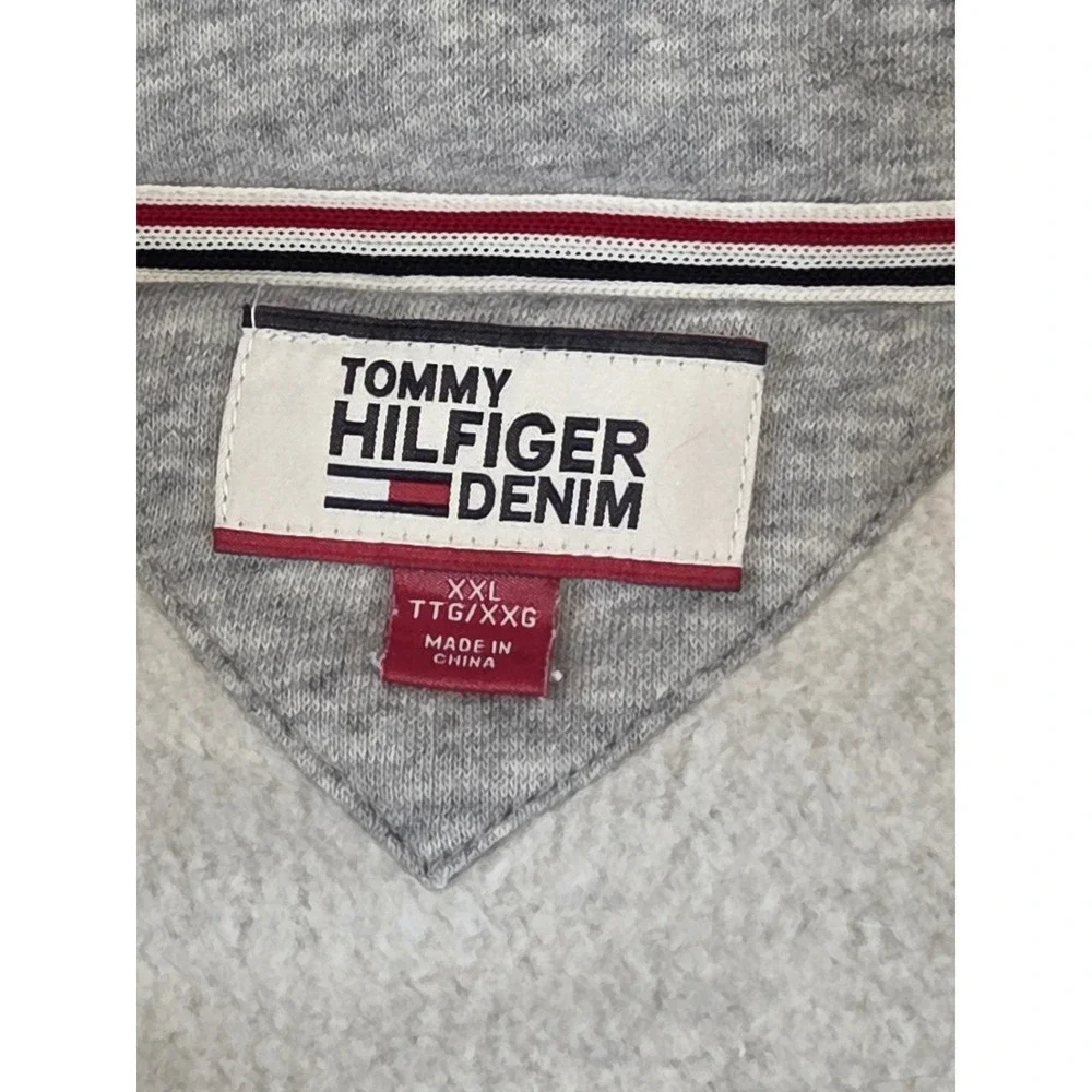Tommy Hilfiger Mens XXL Quarter Zip Sweatshirt Gray Plaid Logo Spellout Pullover
